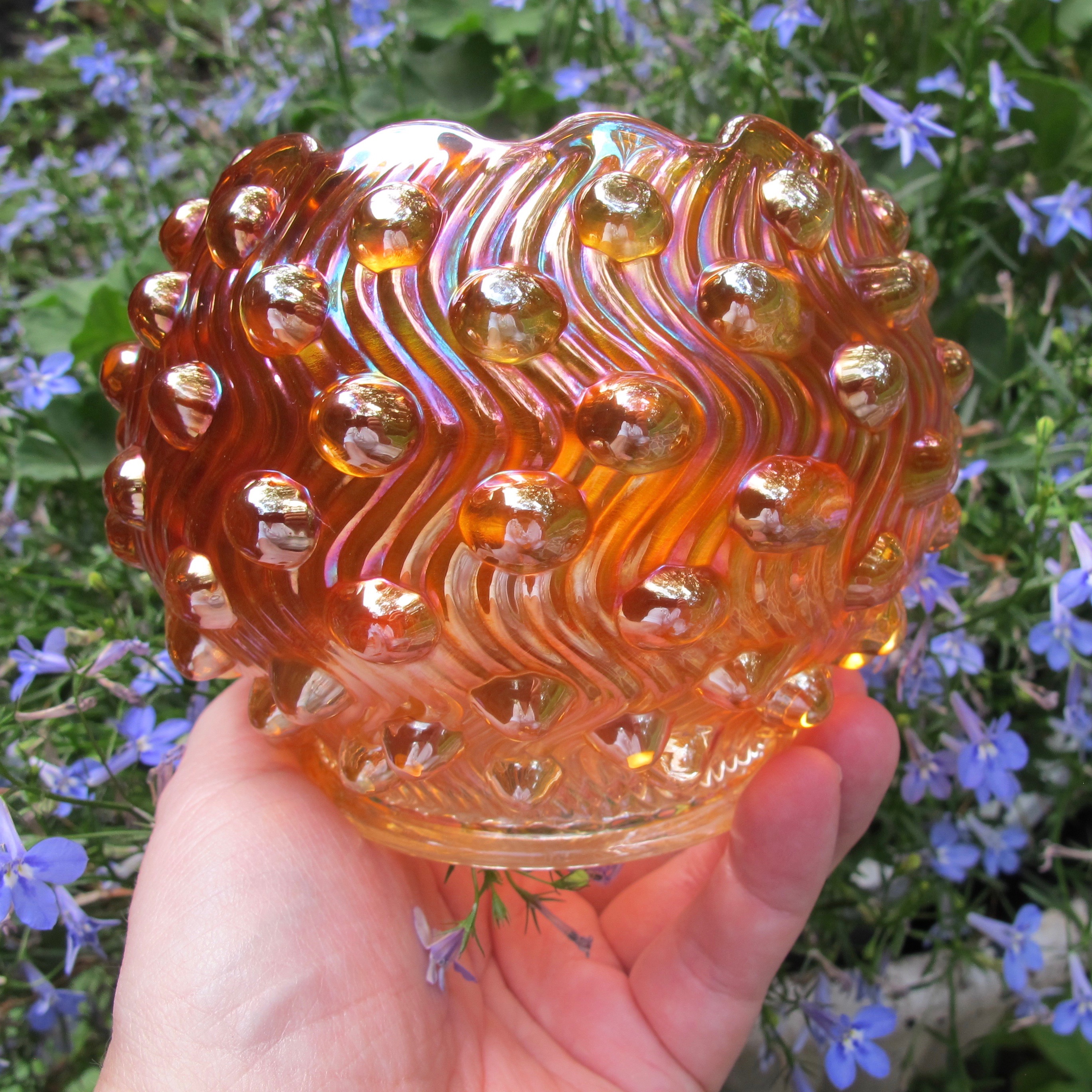 Antique Millersburg Marigold Swirled Hobnail Carnival Glass Rose Bowl