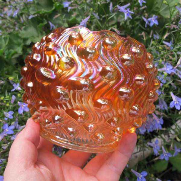 Antique Millersburg Marigold Swirled Hobnail Carnival Glass Rose Bowl