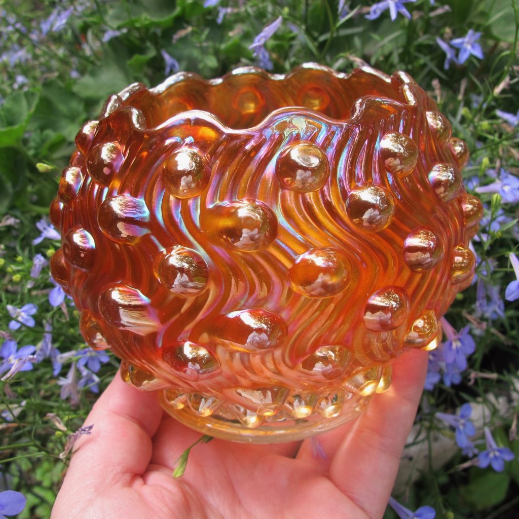 Antique Millersburg Marigold Swirled Hobnail Carnival Glass Rose Bowl