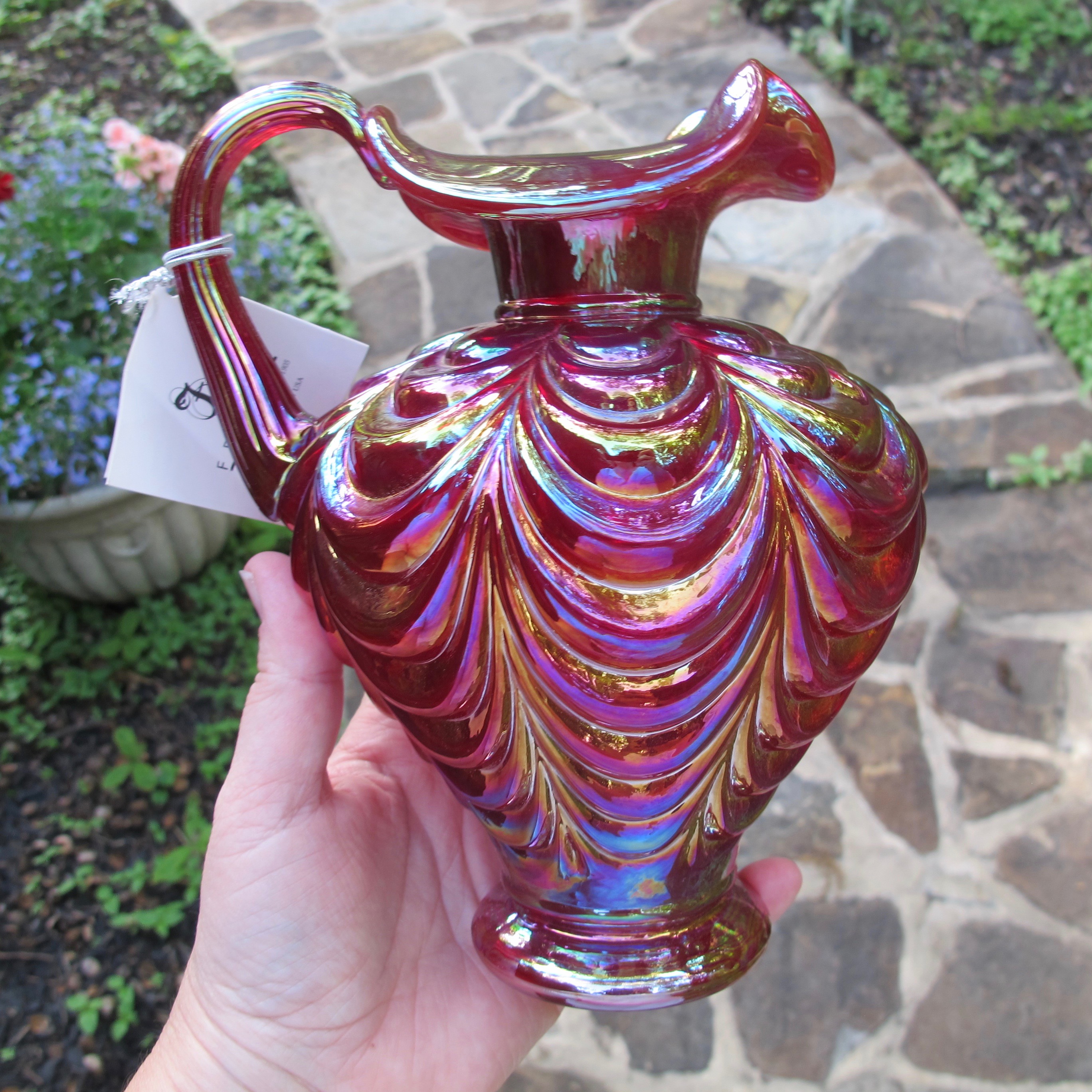 Fenton Red Drapery Iridescent Art Carnival Glass Vase Ewer Pitcher
