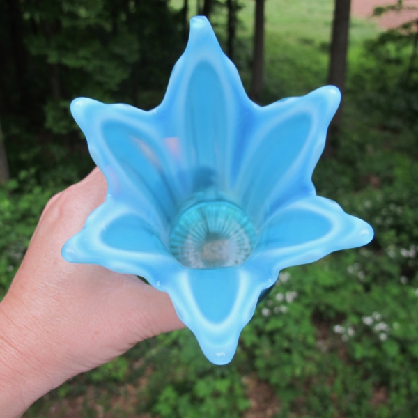 Antique Dugan Blue Opal Thin Rib Opalescent Glass Squat Vase