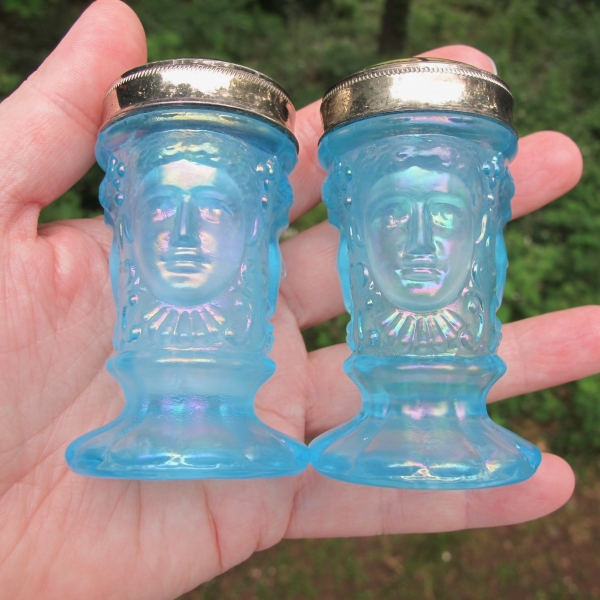Robert Hansen Ice Blue Three Faces Carnival Glass Salt & Pepper Shakers