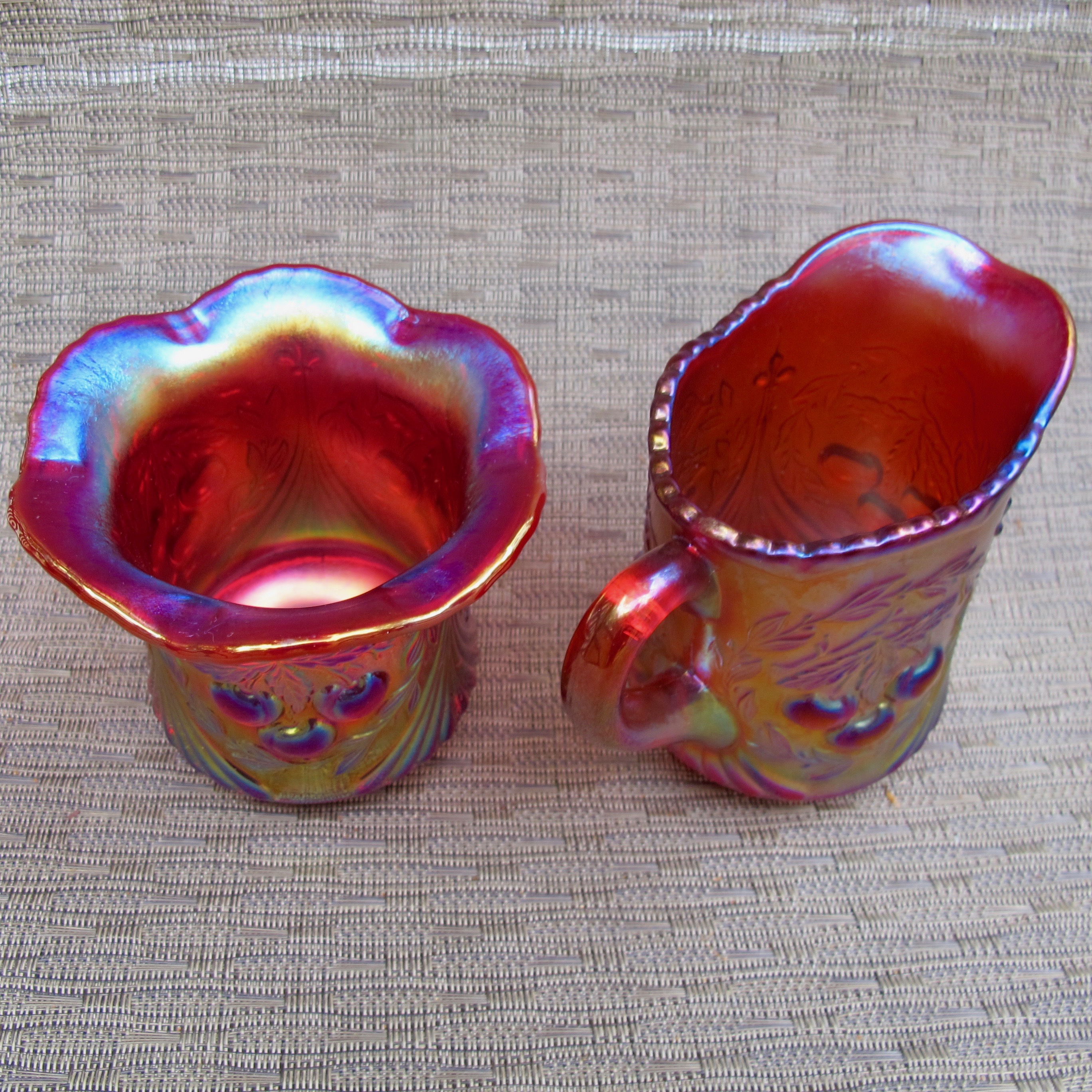 Robert Hansen Red Wreathed Cherry Carnival Glass Creamer & Sugar Set