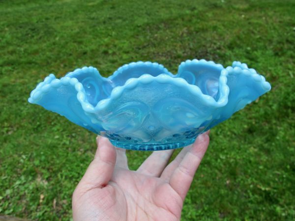 Antique Northwood Blue Opal Cashews Opalescent Glass Bowl