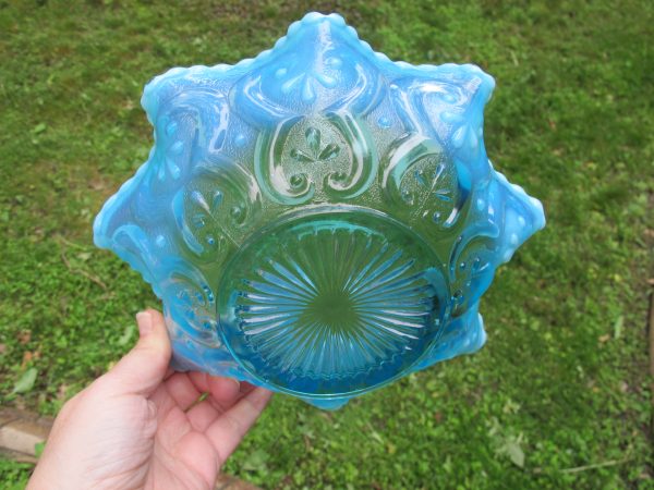 Antique Northwood Blue Opal Cashews Opalescent Glass Bowl
