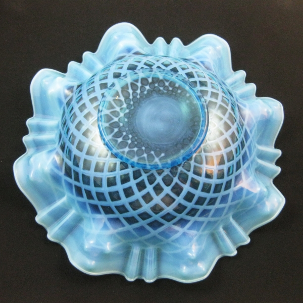 Antique Dugan Blue Opal Bubble Lattice Opalescent Glass Bowl