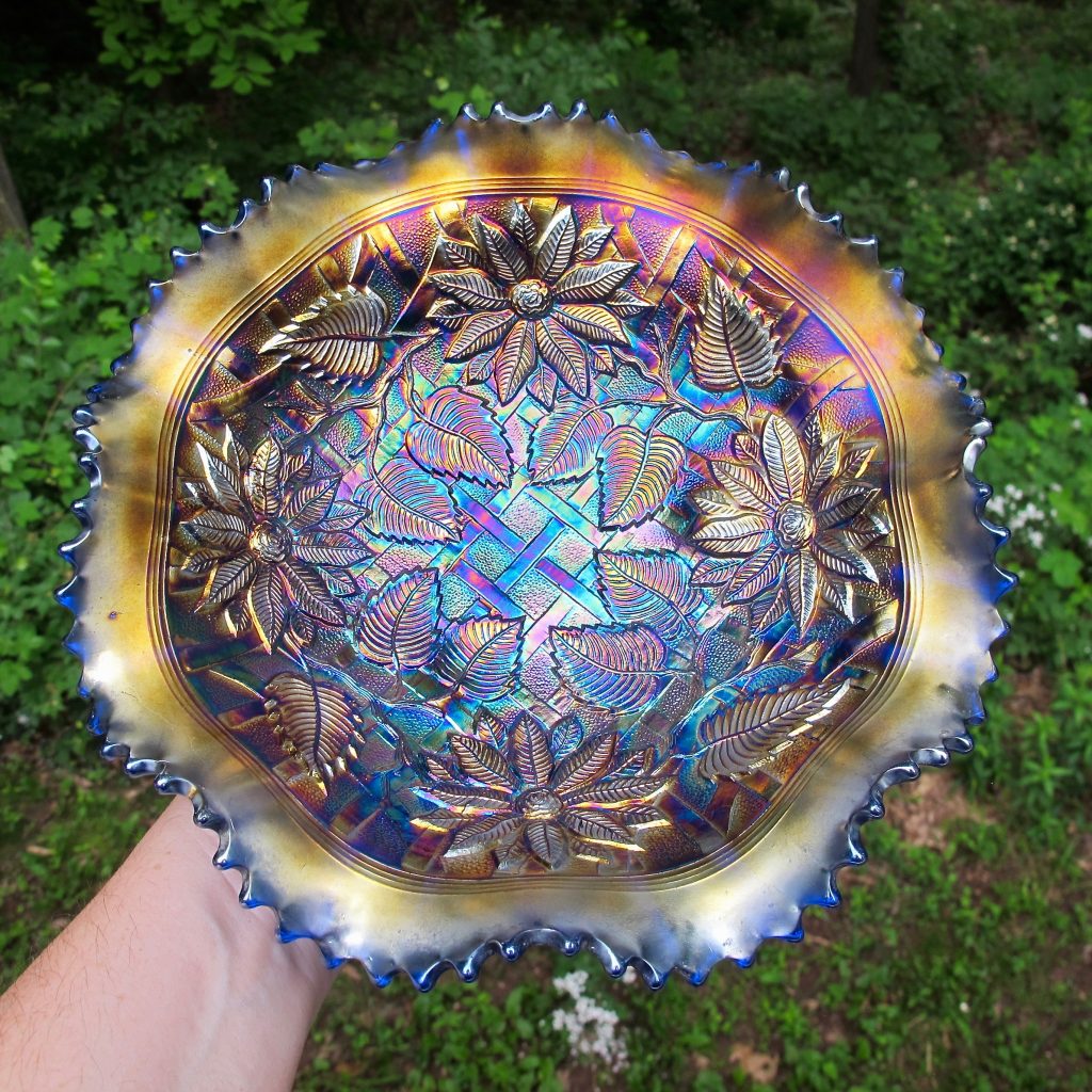 Antique Northwood Blue Poinsettia & Lattice Carnival Glass Bowl