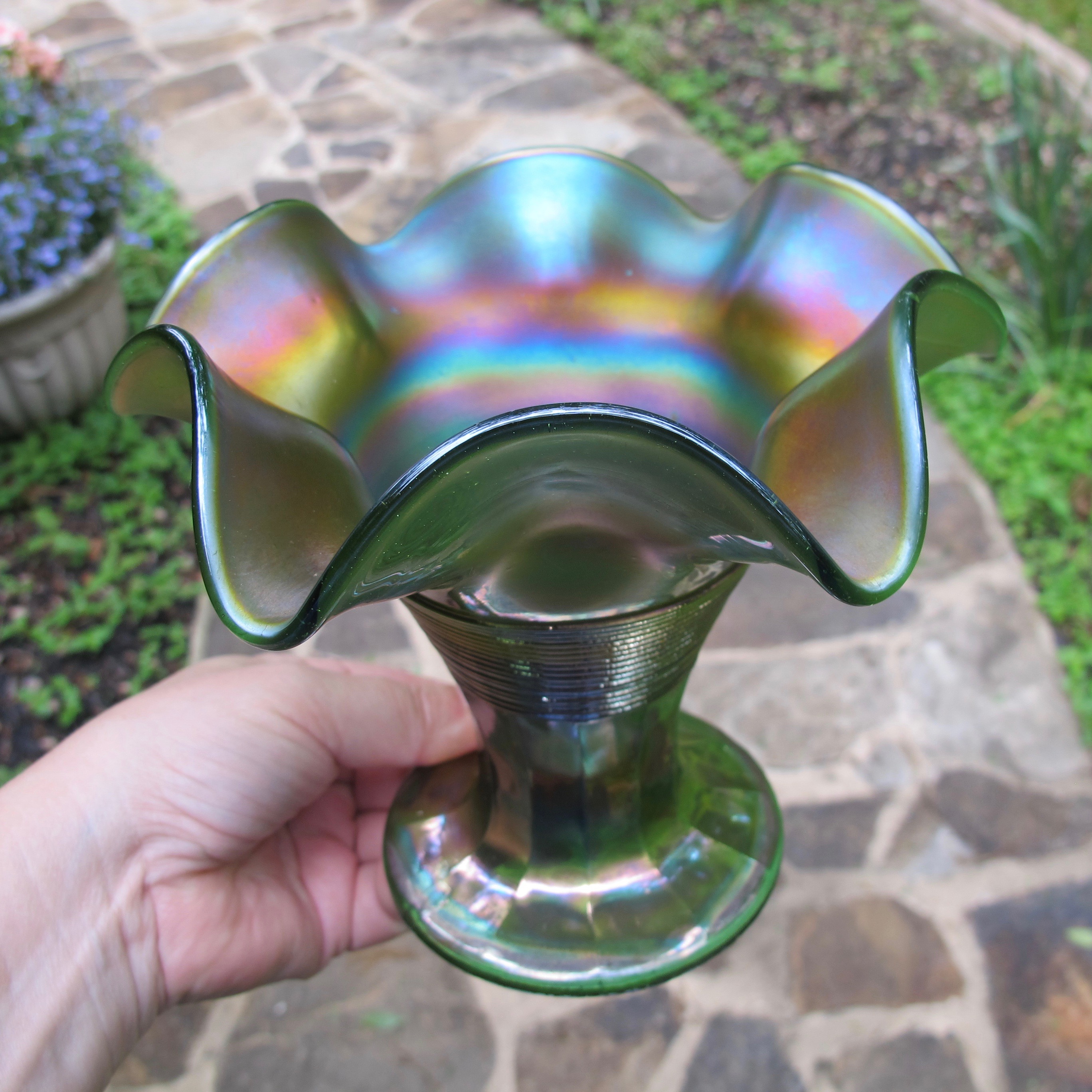 Antique Northwood Green Graceful Carnival Glass Vase Antique Northwood Green Graceful Carnival Glass Vase