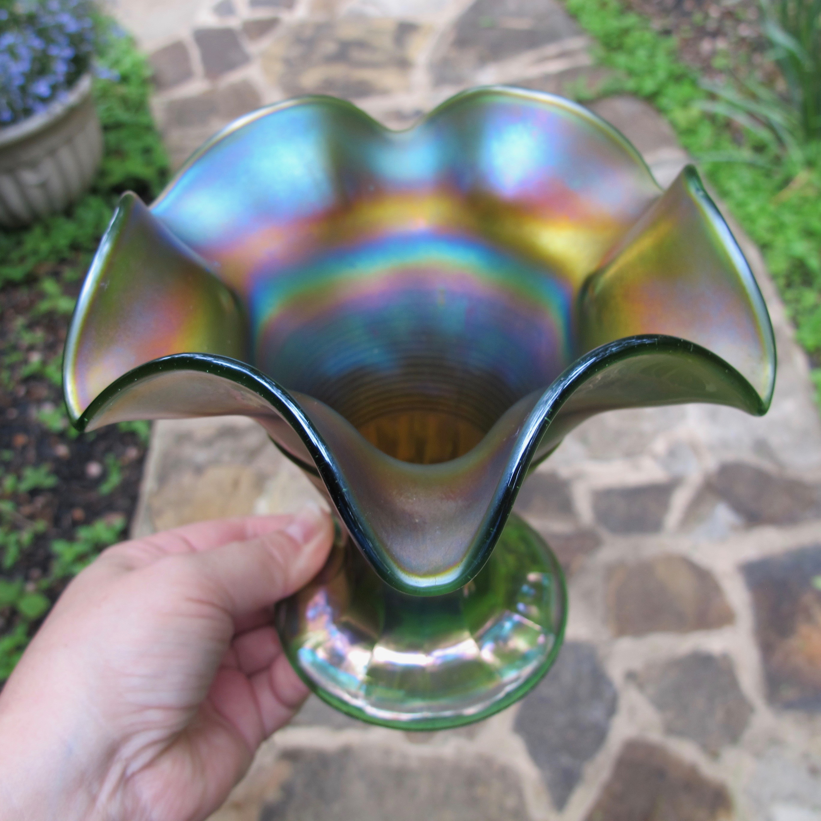 Antique Northwood Green Graceful Carnival Glass Vase Antique Northwood Green Graceful Carnival Glass Vase