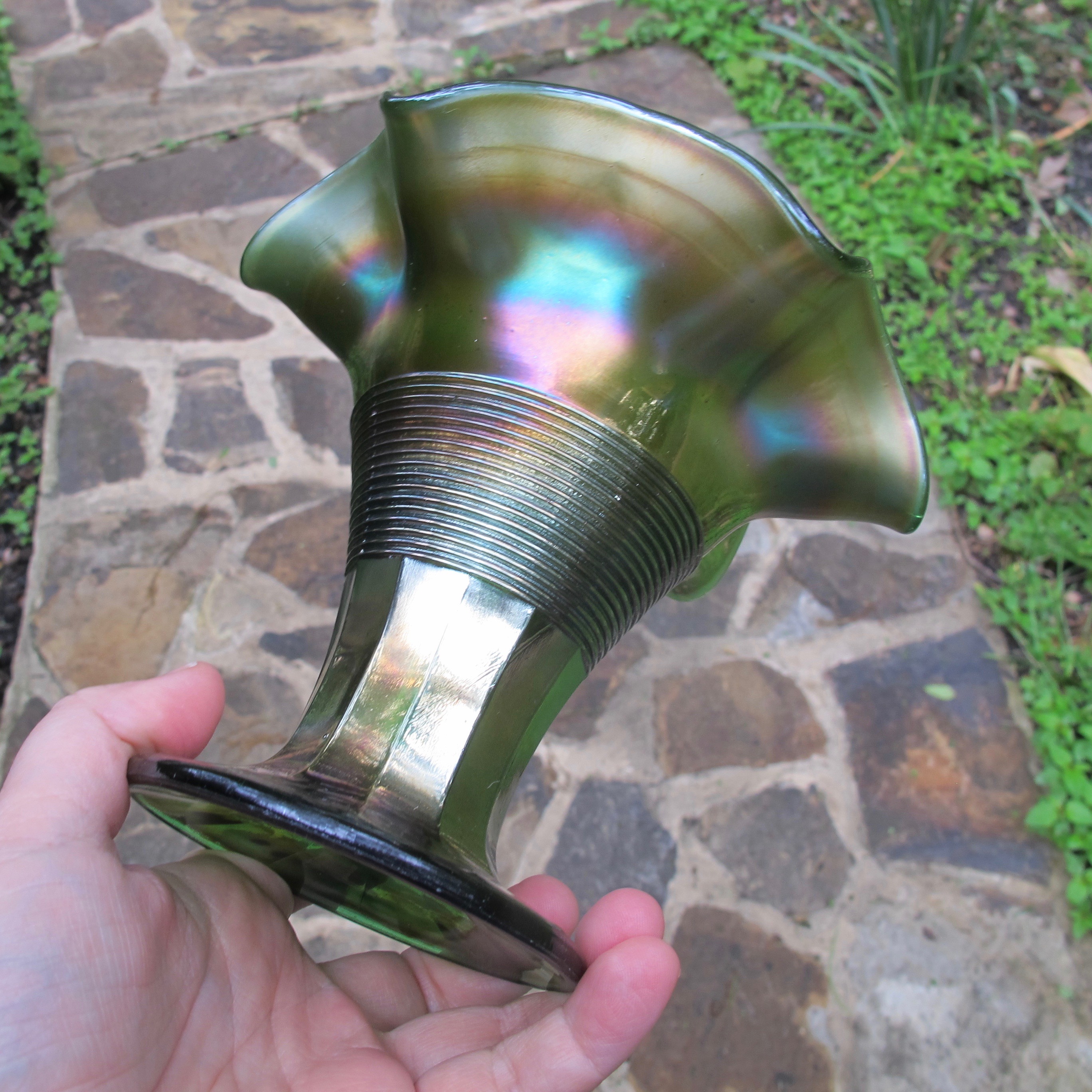 Antique Northwood Green Graceful Carnival Glass Vase Antique Northwood Green Graceful Carnival Glass Vase