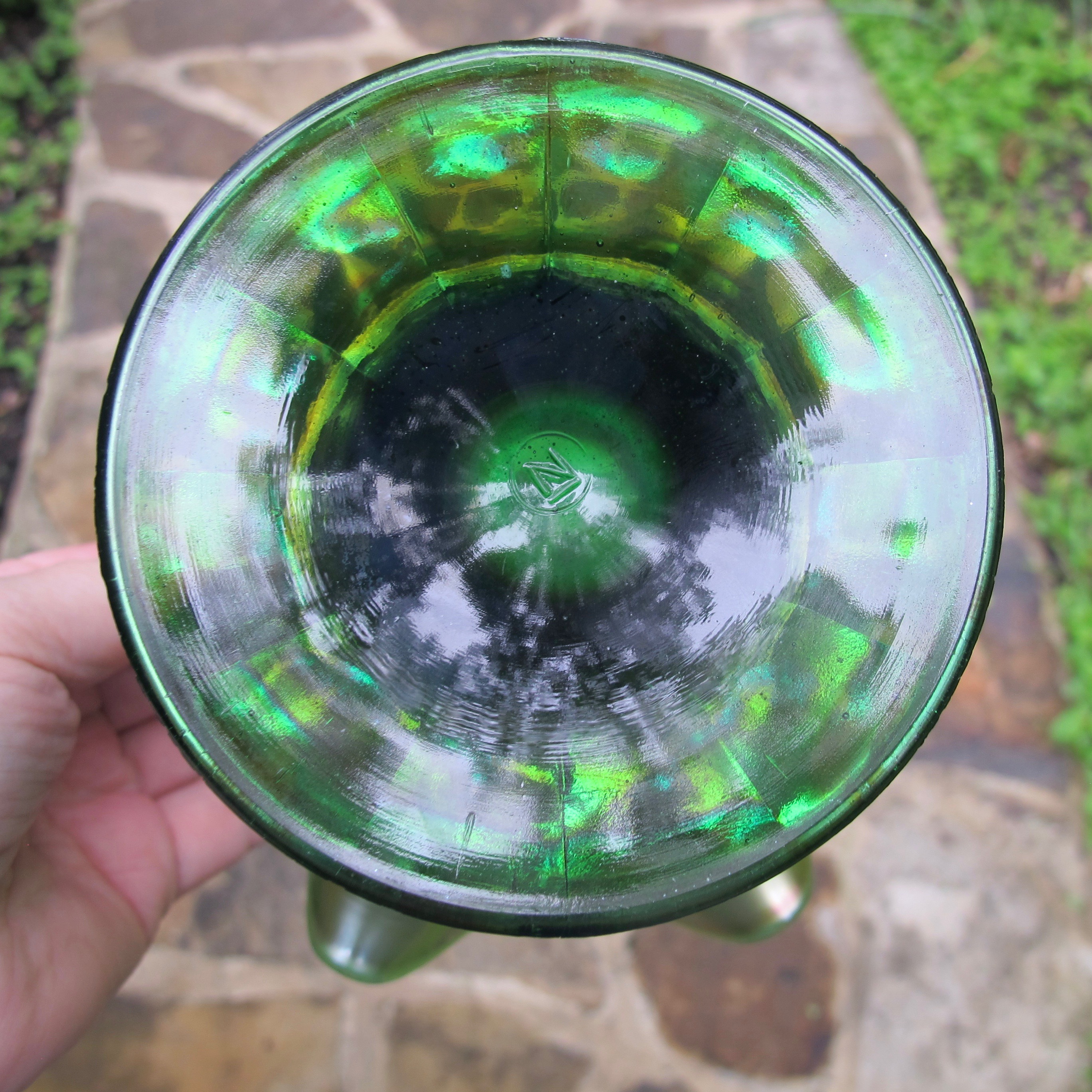 Antique Northwood Green Graceful Carnival Glass Vase Antique Northwood Green Graceful Carnival Glass Vase