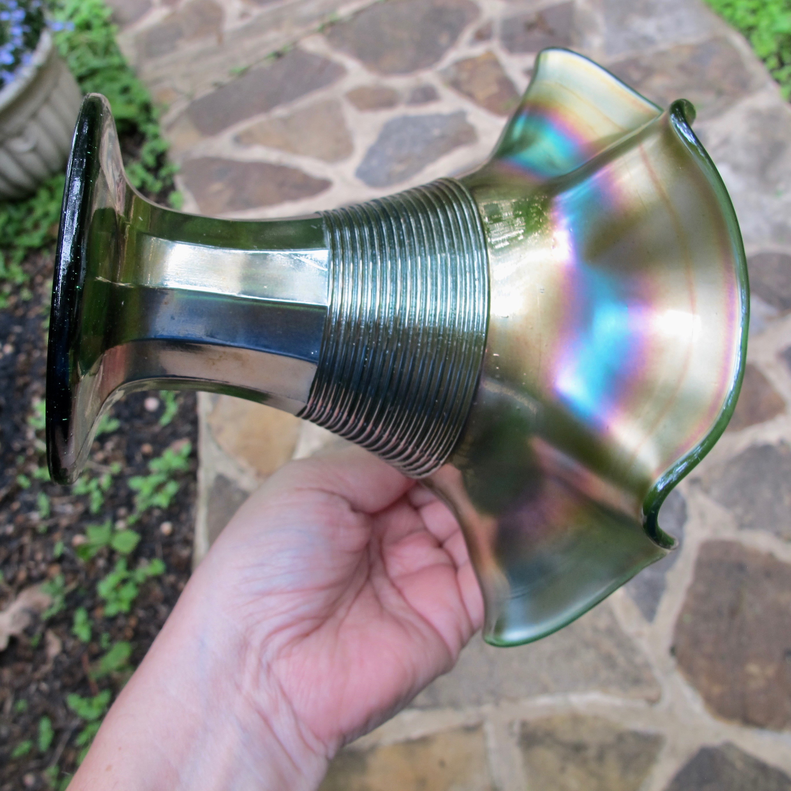 Antique Northwood Green Graceful Carnival Glass Vase Antique Northwood Green Graceful Carnival Glass Vase