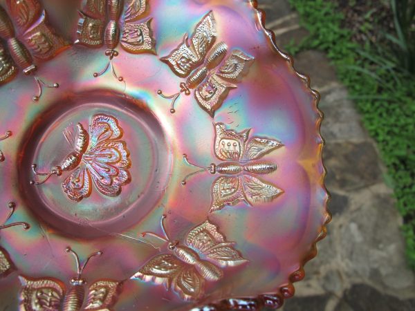 Antique Fenton Marigold Butterflies Carnival Glass Bon Bon