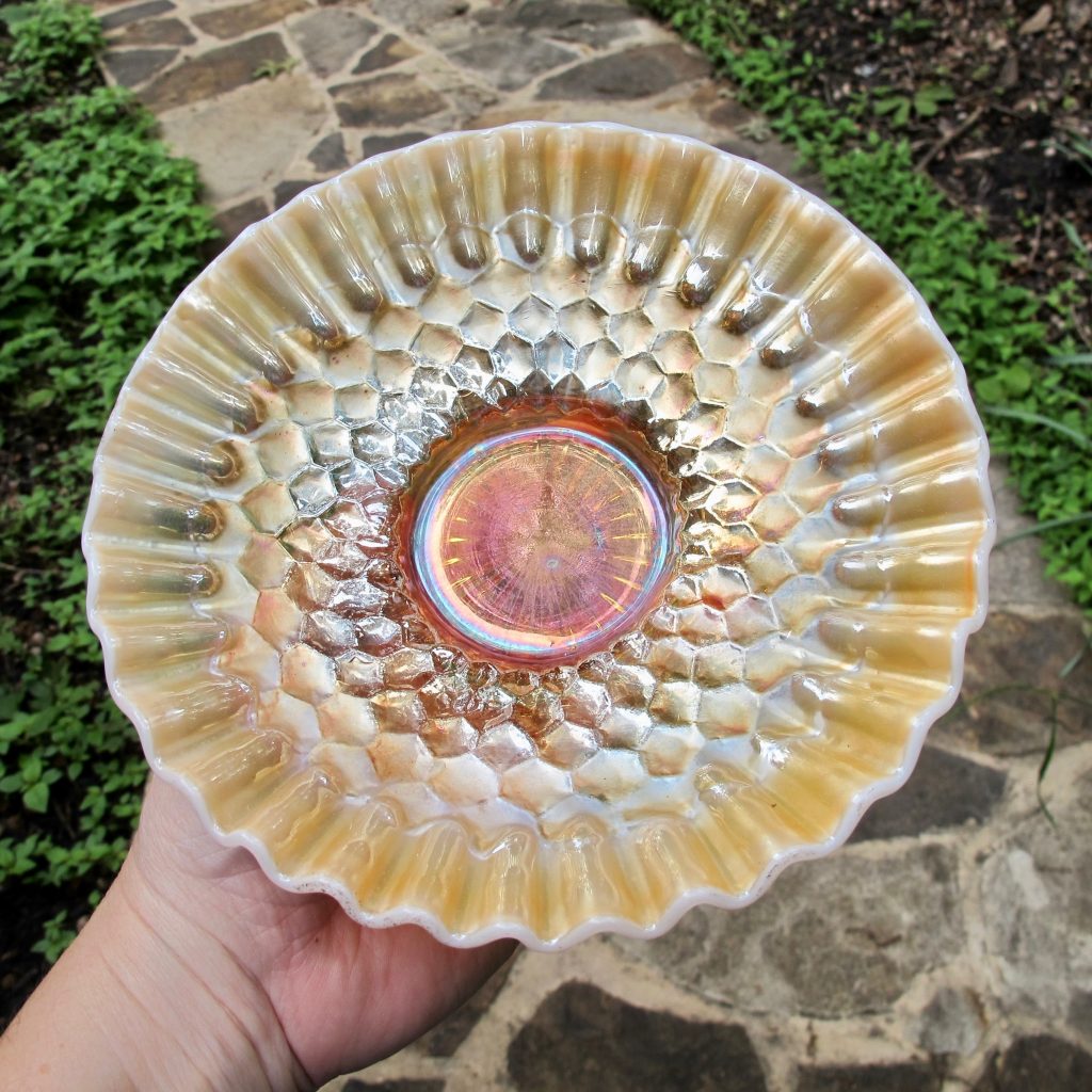 antique-dugan-petal-fan-amethyst-carnival-glass-crimped-plate
