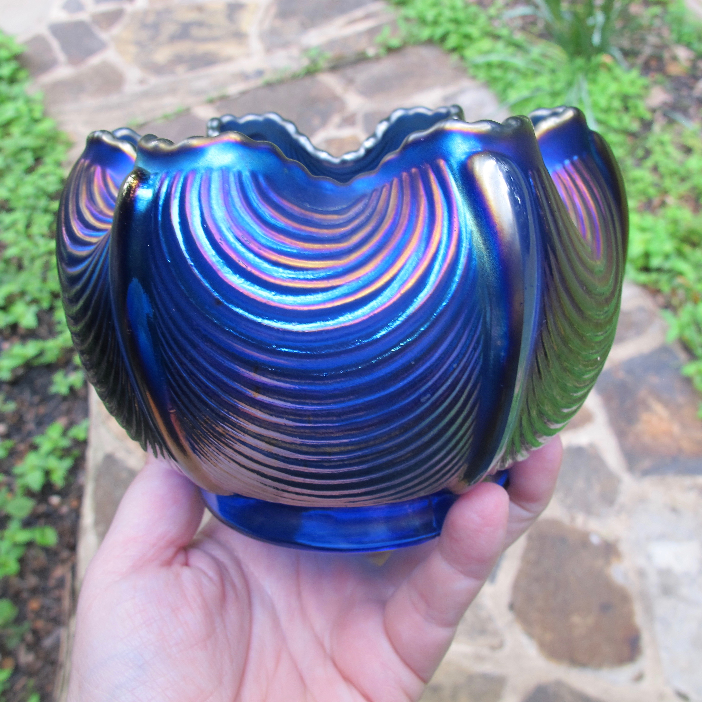 Antique Northwood Blue Drapery Carnival Glass Rose Bowl Carnival Glass