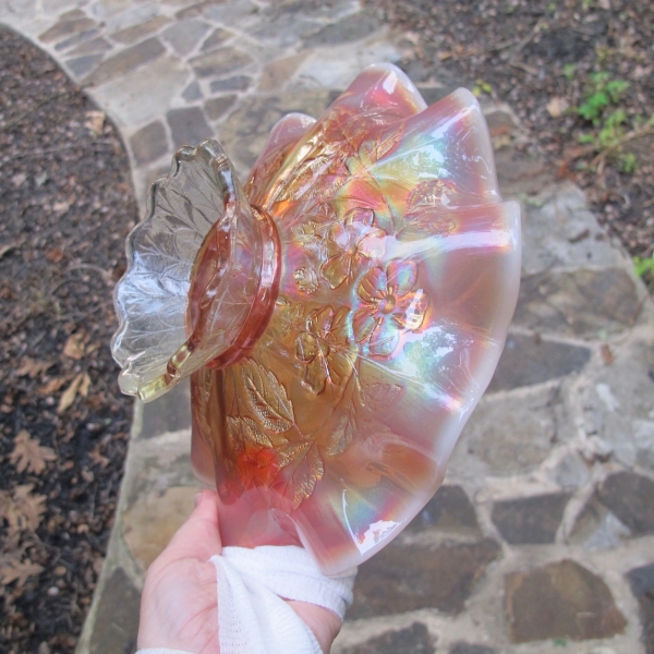 Antique Dugan Peach Opal Dogwood Sprays Carnival Glass Bowl