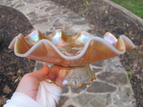 Antique Dugan Peach Opal Dogwood Sprays Carnival Glass Bowl