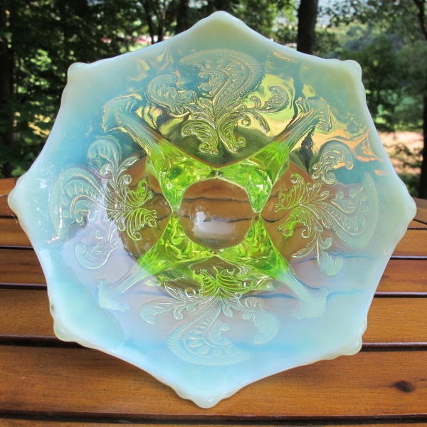 Antique Dugan Vaseline Opal Inverted Fan & Feather Opalescent Glass Flared Bowl or Card Tray