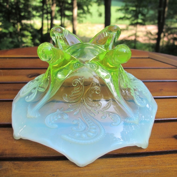 Antique Dugan Vaseline Opal Inverted Fan & Feather Opalescent Glass Flared Bowl or Card Tray