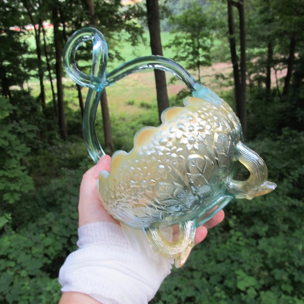 Fenton for Levay Aqua Opal Fenton's Flowers Carnival Glass Basket - Twisted Handle