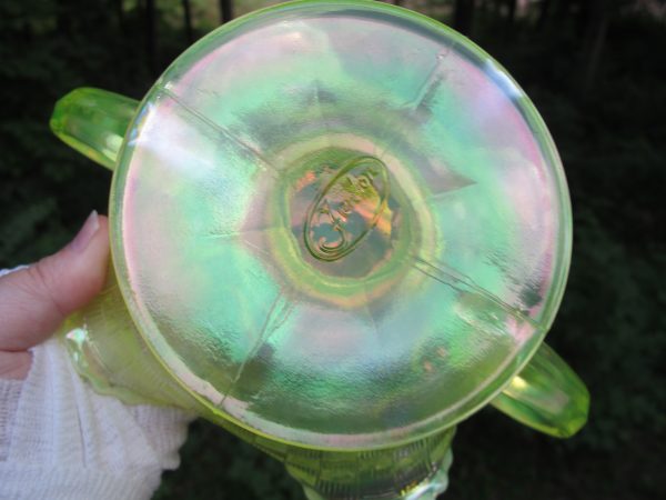 Fenton Vaseline Opal Fruits & Flowers Carnival Glass Bonbon