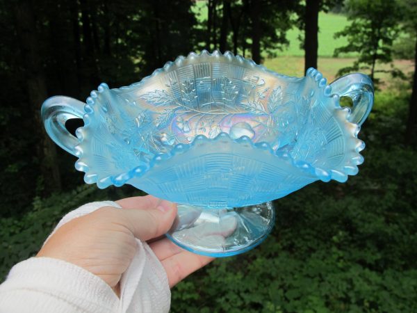 Antique Northwood Ice Blue Fruits & Flowers Carnival Glass Bon Bon