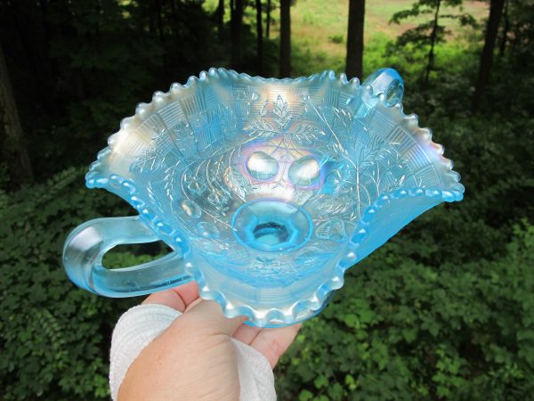 Antique Northwood Ice Blue Fruits & Flowers Carnival Glass Bon Bon