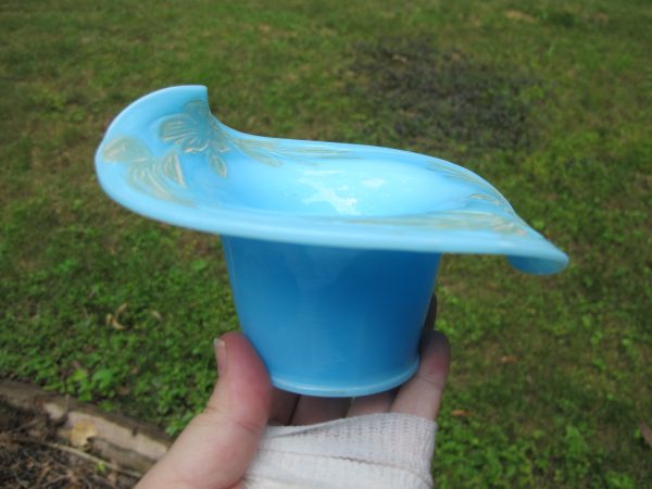 Antique Fenton Persian Blue Enameled Flower Milk Glass JIP Bowl Hat