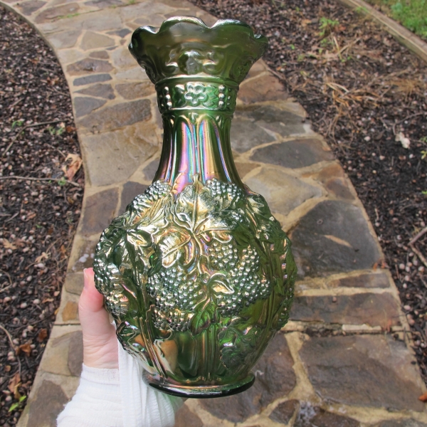 Antique Imperial Helios Green Loganberry Carnival Glass Vase