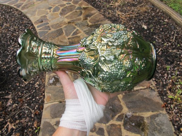 Antique Imperial Helios Green Loganberry Carnival Glass Vase
