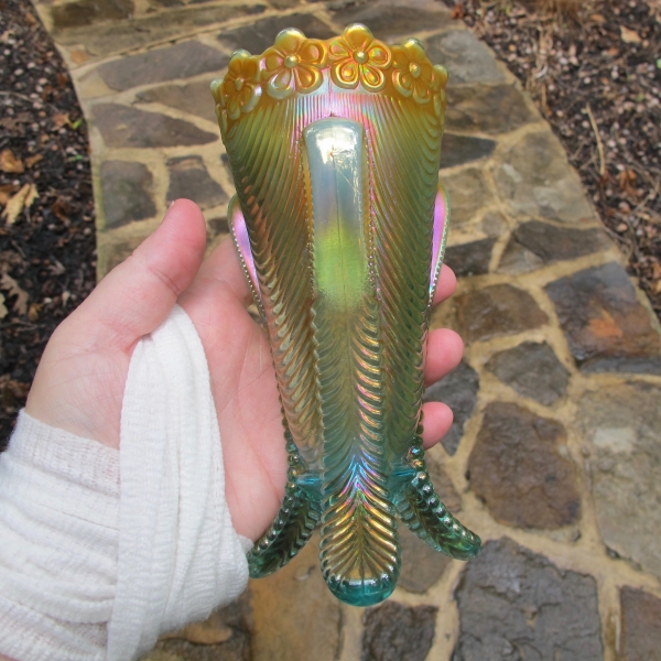 Antique Northwood Aqua Opal Daisy & Drape Carnival Glass Vase - Pastel & Butterscotch