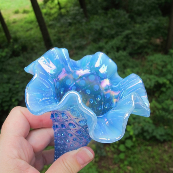 Fenton Diamond Lace Blue Opal Carnival Glass Single Vase Epergne