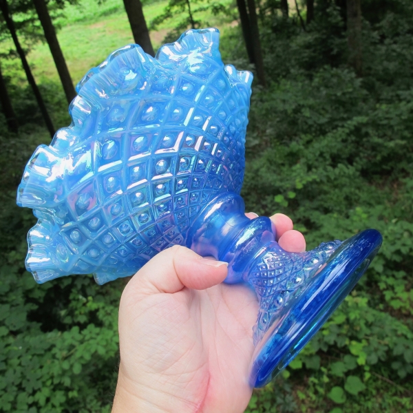 Fenton Diamond Lace Blue Opal Carnival Glass Single Vase Epergne