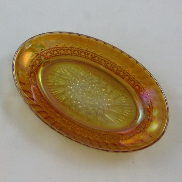 Antique Imperial Marigold Flute & Cane Carnival Glass Oval Relish Dish