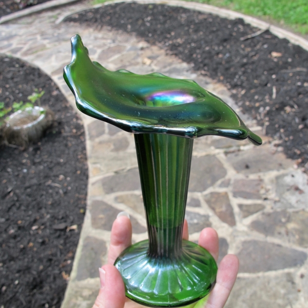 Antique Northwood Footed Fine Rib Green Carnival Glass JIP Vase