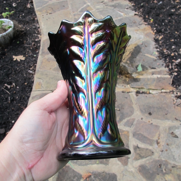Antique Northwood Amethyst Leaf Columns Carnival Glass Squat Vase