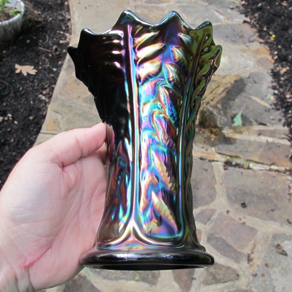 Antique Northwood Amethyst Leaf Columns Carnival Glass Squat Vase