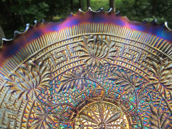 Antique Northwood Blue Embroidered Mums Carnival Glass Bowl
