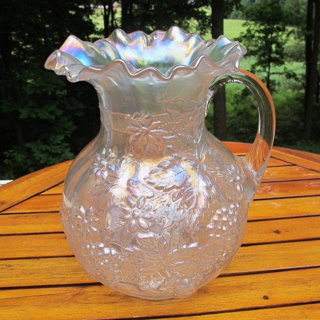 Antique Dugan White Floral & Grape Carnival Glass Paneled Water Pitcher