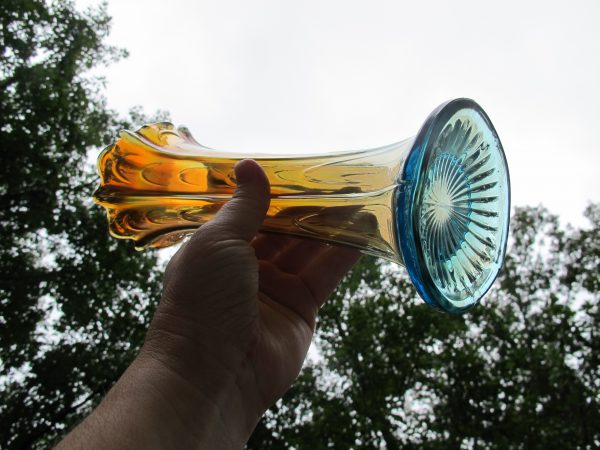 Antique Dugan Aqua Pulled Loop Carnival Glass Vase