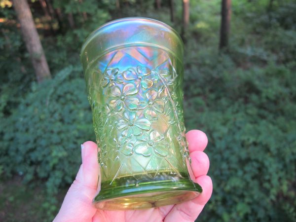 Antique Northwood Wisteria Lime Green Carnival Glass Tumbler