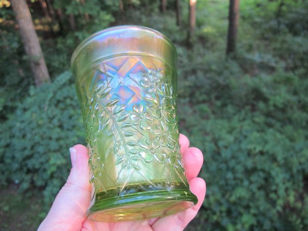 Antique Northwood Wisteria Lime Green Carnival Glass Tumbler