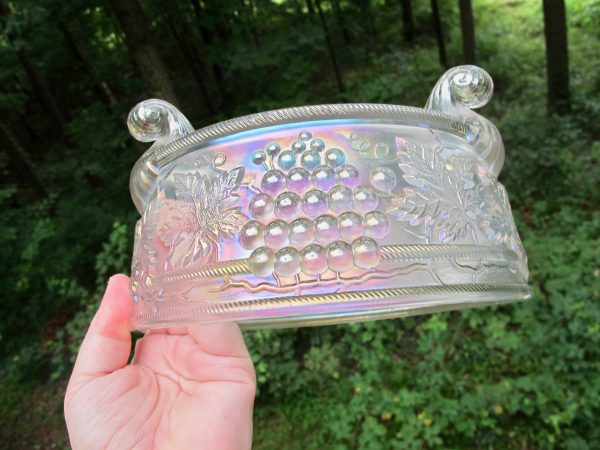 Antique Northwood White Grape & Cable Carnival Glass Fernery Bowl
