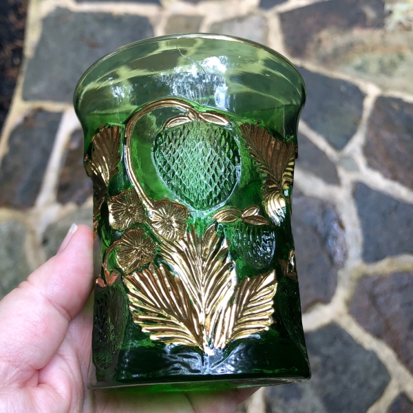 Antique Cambridge Green Gold Gilt Inverted Strawberry Glass Tumbler EAPG Near Cut