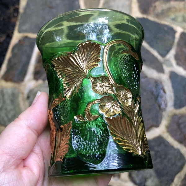 Antique Cambridge Green Gold Gilt Inverted Strawberry Glass Tumbler EAPG Near Cut