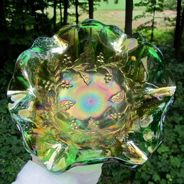 Antique Millersburg Green Holly Sprig Carnival Glass Bowl