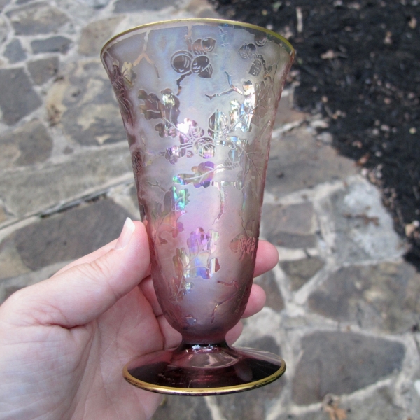 Antique Fostoria Lavender Brocaded Acorns Oak Leaf Carnival Glass Tumbler