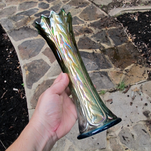 Antique Northwood Sapphire Leaf Columns Carnival Glass Vase