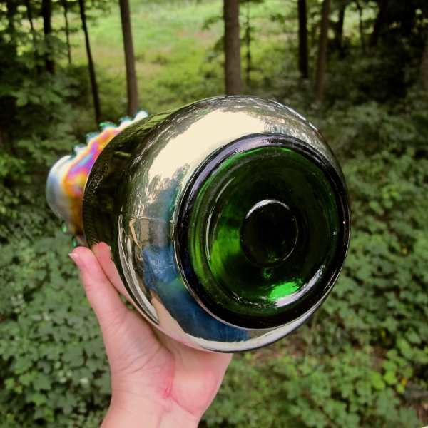 Antique Fenton Green Enameled Columbine Zig Zag Carnival Glass Water Pitcher