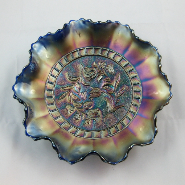 Antique Dugan Blue Windflower Carnival Glass Bowl